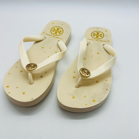 Tory Burch Cream Flip Flops with Gold Accents estimated size 6 - Picture 1 of 14